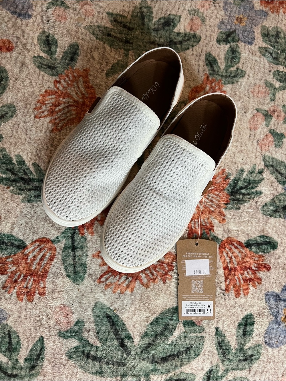 OluKai Womens's White Knit Slip-On Loafers